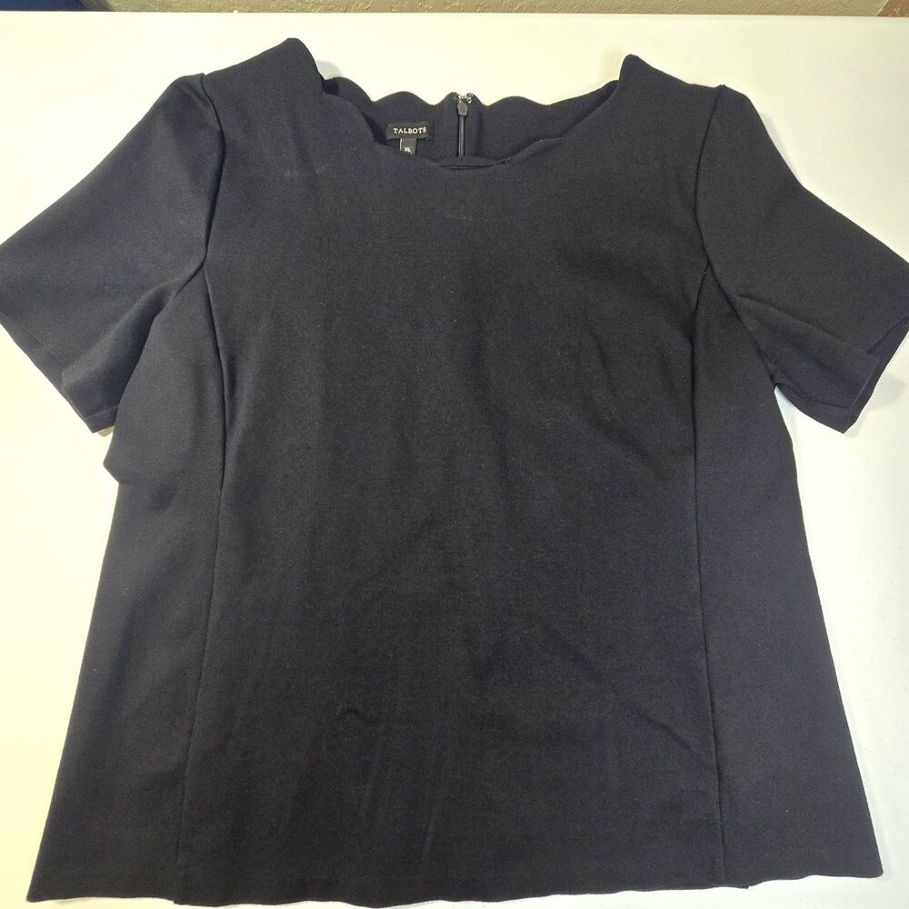 Talbots Women Black Scalloped Neck Top Short Sleeve Career Casual Size XL